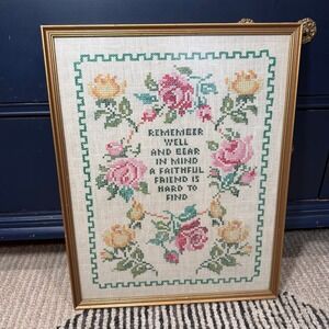 Vintage Framed Cross Stitch Sampler Friendship Poem Floral Roses Gold Frame 1977